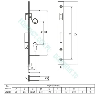 Zamek wpuszczany wąskoprofilowy LOB na wkład 90/25 - 2